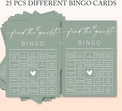 Bridal Shower Games Cards, 25Pcs Prefilled Find The Guest Bingo Game Cards, Engagement Party Games for Guests, Minimalist Green Wedding Party Supplies - C19