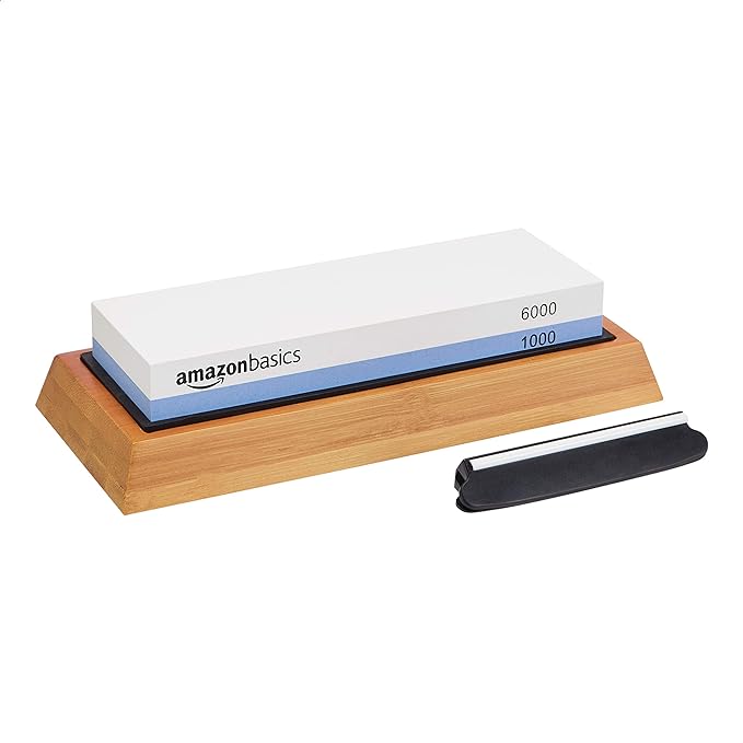 Amazon Basics Whetstone Knife Sharpening Wet Stone Dual Sided 1000/6000 Grit with Non-Slip 1 Pc, Bamboo Base, Black & Grey