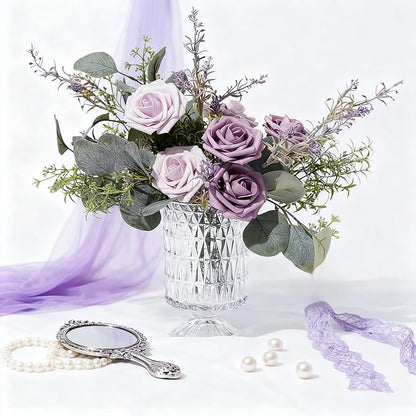 Artificial Flowers Foam Fake Roses 25pcs Series Purple Colors Roses with Stems for Home Decor DIY Wedding Bouquets Party Bridal Shower Centerpieces Faux Flower Arrangements Tables Decorations