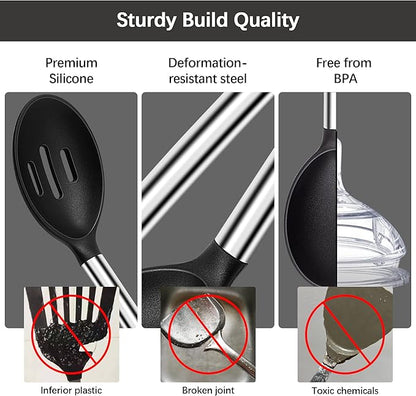 Silicone Spatula Spoon Set, 4 PCS Silicone Cooking Utensils Spatula Spoon Set with Stainless Steel Handle, BPA Free Kitchen Turners for Frying, Mixing, Serving, Draining, Turning, Stirring, Black