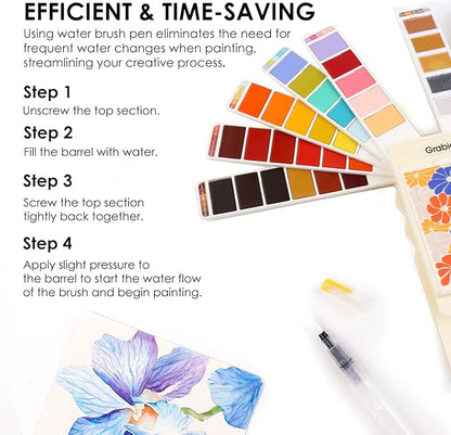 Grabie Watercolor Paint Set, 56 Colors Handheld Watercolor Set of Water Brush Pen, Palette and Removable Sponge, Portable Watercolor Paint for Artist Beginner and Professional