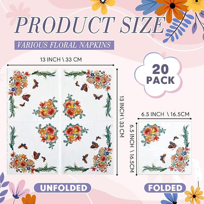 Crtiin 20 Pack Assorted Floral Napkins for Decoupage Toilet Napkins Flower Cocktail Decorative Paper for Birthday Party Beautiful Gorgeous, 20 Styles Each 6.5 inches(Style 1)