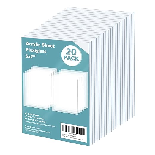 Egofine Plexiglass Sheets Acrylic Sheets 20 Pack of 5x7’’ 0.04 Thick Clear Plastic Cast Transparent Plexi Glass for Crafting Projects, Replacement Picture Frame Glass, DIY Display, Easy to Cut