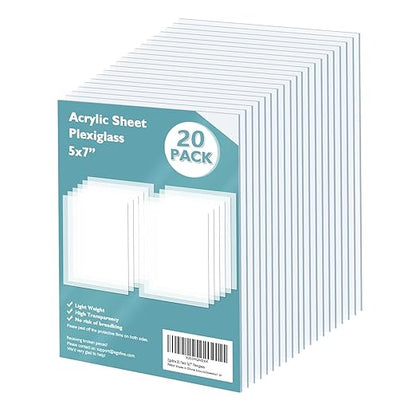 Egofine Plexiglass Sheets Acrylic Sheets 20 Pack of 5x7’’ 0.04 Thick Clear Plastic Cast Transparent Plexi Glass for Crafting Projects, Replacement Picture Frame Glass, DIY Display, Easy to Cut