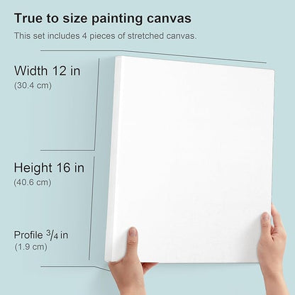 PHOENIX 12x16 Inch 4 Pack Artist Canvas - Stretched Canvases for Painting - 3/4 Inch Profile, 100% Cotton 11 Oz. Gesso Primed White Blank Professional Canvas Oil & Acrylic Paints