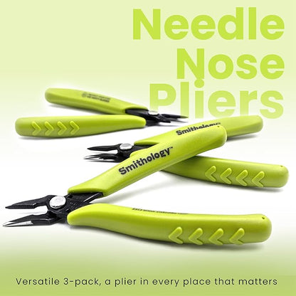 Smithology 5.3" Mini Needle Nose Pliers 3-Pack | Precision Long Nose Pliers with Serrated Jaws, Perfect for Jewelry Making, Electronics & Crafts