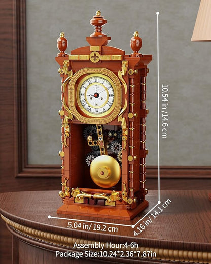 Vintage Pendulum Clock Building Block Set, Stem Toy with Real Clock Function and Linkable Mechanical Pendulum, Unique Home Decoration and Collectible for Adults&Kids 6+