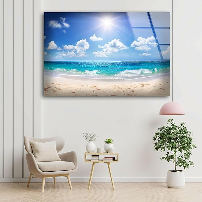 My Photostation.com Round 31,5'' Summer Beach Landscape Glass Wall ArtTempered Glass Printing Wall Decor Large Wall Art Wall Hangings
