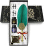 Quill pen ink set,Feather Pen and Ink Set,Antique Calligraphy Pen with 4 Replaceable Nibs,2 Bottle of ink,Feather Dip Pen Holder Christmas Gift for Men&Women.(Green)
