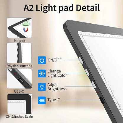TOHETO A2 Light Pad 25.2''x18.4'', Large Magnetic LED Light Board for Diamond Painting, 3-Color Modes Light Box for Tracing, 6-Level & Stepless Dimmerable Diamond Art Light Table for Drawing,Sketching
