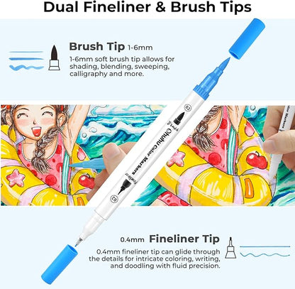 Ohuhu Markers for Adult Coloring Books No Bleeding 160 Colors Coloring Markers Water-based Dual Tips Fineliner & Brush Drawing Pens Art Pens for Kids Adults Sketch Journal - Maui - White