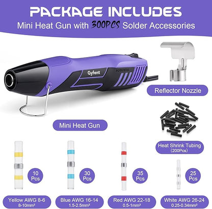 Gyfent Heat Gun with 100Pcs Solder Seal Wire Connectors & 200Pcs Heat Shrink Tubing, 662°F/752°F(350°C/400°C) 350W 2-Temp Mini Heat Gun with 5Ft Power Cord for Crafting Shrink Tubing Embossing DIY