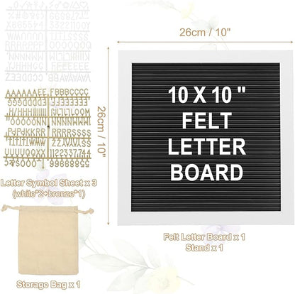 PATIKIL Felt Letter Board, 10x10Inches Black White Wooden Changeable Message Board with Storage Bag Stand for Kitchen Menu Classroom Farmhouse Decor Notes, White Bronze Letter