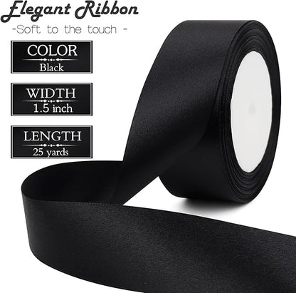 Black Solid Satin Ribbon 1-1/2 Inch 25 Yards Solid Polyester Fabric Ribbon for Gift Wrapping Wedding Christmas Baby Shower Birthday Party Decoration Handmade Immortal Flower Craft