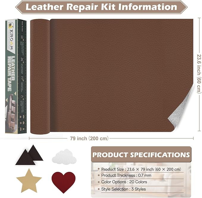 Leather Repair Tape, 23.6x79 inch Leather Patches for Furniture, Self Adhesive Leather Repair Patch for Sofas, Couches, Leather Covers, Seats, Chairs, Vinyl Repair Tape Retro Dark Beige