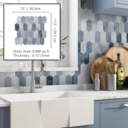 The Tiles Plaza 10-Sheet Peel and Stick Backsplash, Blue Cement Long Hexagon Self Adhesive Wall Tile, Stone Composite Stick On Decorative Mosaic Tile for Kitchen Bathroom Fireplace