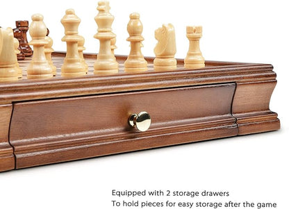AMEROUS 12.8" x 12.8" Magnetic Wooden Chess Set with 2 Built-in Storage Drawers - 2 Bonus Extra Queens - Gift Packaging - Staunton Chess Pieces, Board Games Chess Sets for Adults and Kids