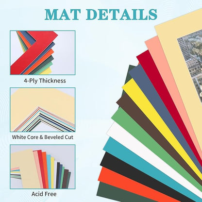 ZBEIVAN 12 Packs Mixed Colors 11x14 Picture Frame Mats for 8.5x11 Photos, Artworks and Prints, White Core Bevel Cut Frame Mattes