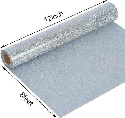 guangyintong Glitter Silver Heat Transfer Vinyl HTV Rolls, 12" x 8ft Iron on Vinyl for T-Shirts Glitter Silver HTV Vinyl for All Cutter Machines Easy to Cut & Weed for Heat Vinyl Design