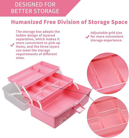 12in Three-Layer Multipurpose Storage Box Organizer Folding Tool Box/Art & Crafts Case/Sewing Supplies Organizer/Family First Aid organizer/Medicine Storage with 2 Trays (Pink)