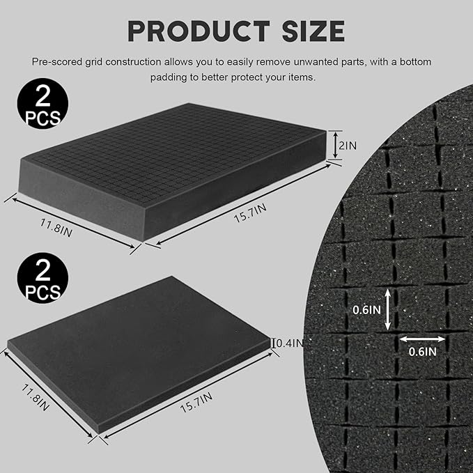 Pick and Pluck Foam Sheets, 2Pcs 16 x 12 x 2 Inch Pick Apart Foam Insert and 2Pcs 16 x 12 x 0.4 Inch Bottom Padding for Camera Storage, Crafts, Tool Box, Storage Drawer