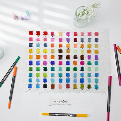 Ohuhu Markers for Adult Coloring Books No Bleeding 100 Colors Coloring Markers Water-based Dual Tips Fineliner & Brush Drawing Pens Art Pens for Kids Adults Sketch Journal - Maui - Black