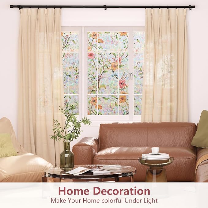 NINETREX Window Privacy Film,Stained Glass Window Film,Rainbow Decorative Stickers Static Cling Anti UV Heat Control for Home Decor (Galsang Flower,23.6 x 157.4inch)