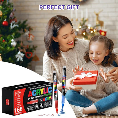 DICEKOO 168 Colors Acrylic Paint Markers, Soft Brush Tip Pens with Automatic Ink Control System, Waterproof, Quick-Drying, Lightfast, for Rock Painting, Canvas, Wood, Egg & DIY Crafts Art Supplies