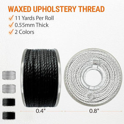 VONEEDL Heavy Duty Sewing Needles (11 PCS) & Waxed Thread (2 Black and 2 Grey Colors) - Upholstery Repair Kit for Leather, Canvas, Quilting & More