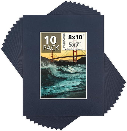 Mat Board Center, Pack of 10, 8x10 for 5x7 Dignity Blue Color Mats - Bevel Cut, Acid Free, 4-ply Thickness, White Core - for Pictures, Photos, Framing