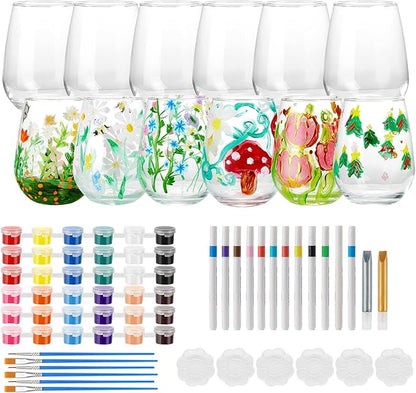 WJXCYGG 6 Sets Paint Your Own Wine Glass Set 6 Wine Glass 36 Glass Painting Acrylic Paint Strips 2 Glass Liner Pen 12 Markers with 12 Brushes and 6 Palette for Adults Lady Night Couple (Stemless)