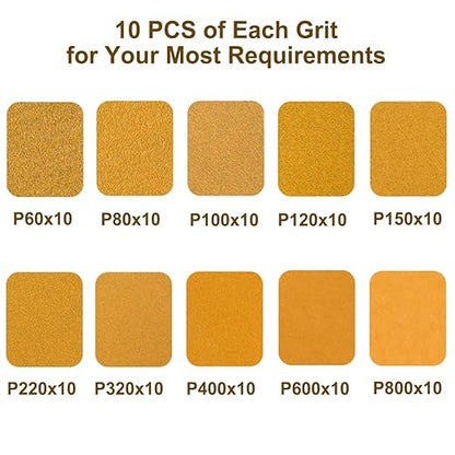 6-Inch No-Hole Hook and Loop Sanding Discs, 60/80/100/120/150/220/320/400/600/800 Assorted Grits Sandpaper for Random Orbital Sander, 100-Pack