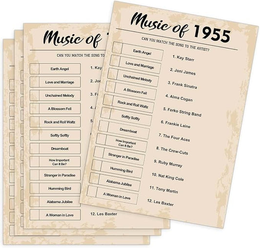 QUPT 70th Birthday Party Games, Music of 1955 Games, Birthday Party Supplies for Adults, Fun 1955s Party Game, Pack of 30 Cards