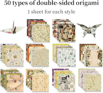 Square Origami Paper 6x6 Double Sided 50 Sheets 50 Colors 70GSM Origami Kit Japanese Chiyo Easy Fold Arts Crafts DIY Handwork Beginner Retro Newspapers