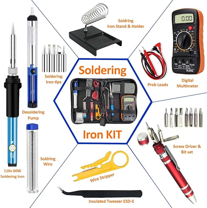 Electric Sodering Iron Kit set 110V 60W Adjustable Temperature Soldering Iron Digital Multimeter 5pcs Soldering Tips Solder Wire Stand, Desoldering Pump Tweezers Welding Tool Screwdriver wire stripper