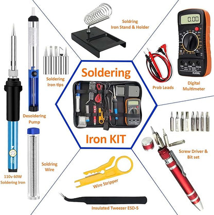 Electric Sodering Iron Kit set 110V 60W Adjustable Temperature Soldering Iron Digital Multimeter 5pcs Soldering Tips Solder Wire Stand, Desoldering Pump Tweezers Welding Tool Screwdriver wire stripper
