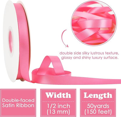 HUIHUANG Hot Pink Satin Ribbon 1/2 inch X 50 Yards Continuous, Double-Faced Satin Pink Ribbon for Gift Wrapping, Bows, DIY Crafts, Flower Bouquet, Bridal Shower Wedding Decor