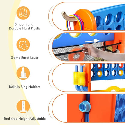 Giant 4 in a Row Connect Game with Mesh Fabric | Height Adjustable 4-in-1 Jumbo 4-to-Score Yard Game Set with Basketball, Golf & Ring Toss | Outdoor Indoor Family Yard Party Game for Kids & Adults