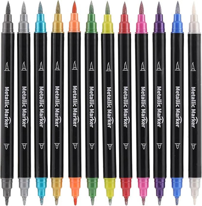 Colourcolor Pack of 12 Metallic Marker Pens - Dual Tip Brush & Fine Point Pens for DIY Album, Black Cards, Rock Painting, Card Making, Scrapbooking, Fabric, Metal, Ceramics, Wine Glass
