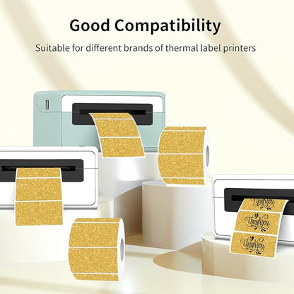 3x2 Inch Holographic Thermal Labels, Glitter Gold Thermal Sticker Labels, Waterproof Thermal Printer Stickers for Price, Barcode, Name, Custom Logo Design, 200 Pcs/Roll