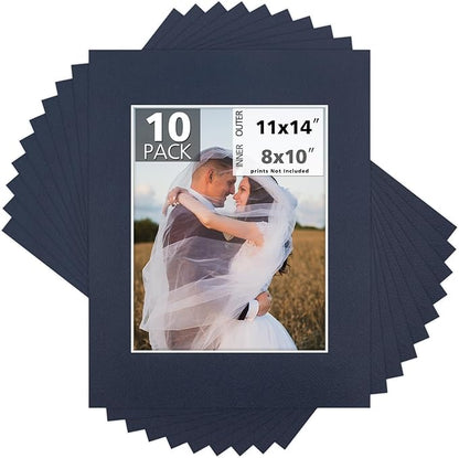 Mat Board Center, Pack of 10, 11x14 for 8x10 Dignity Blue Color Mats - Bevel Cut, Acid Free, 4-ply Thickness, White Core - for Pictures, Photos, Framing