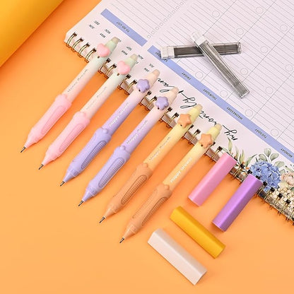 Temiary Cute Mechanical Pencil Set with Case, 6 Pcs Medium Point 0.9 mm Pencils with 2 Tubes HB Lead Refills, 4 Pcs Erasers for School Supplies Student Writing, Drafting Drawing Sketching (Pastel)