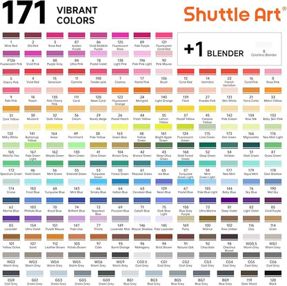 Shuttle Art 172 Colors Dual Tip Alcohol Based Art Markers,171 Colors plus 1 Blender Permanent Marker 1 Marker Pad with Case Perfect for Kids Adult Coloring Books Sketching and Card Making