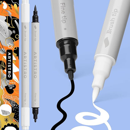 ARTISTRO 2 White Dual-Tip Acrylic Paint Pens - Multisurface Markers for Fabric, Plastic, & More, 5mm Dot + 1mm Fine Tips (Dual Tip Brush + Fine, Black&White)
