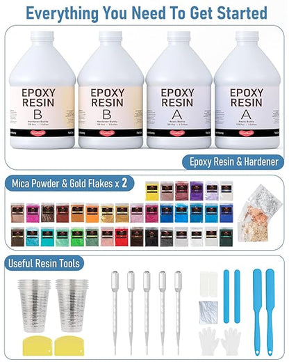 4 Gallon Epoxy Resin Kit with Mica Powder, Gold Foil, Cups & Stick, Crystal Clear Resin Beginner Supplies for Coating Casting Table, Molds, Jewelry Making, DIY Art Craft, 1:1 Ratio