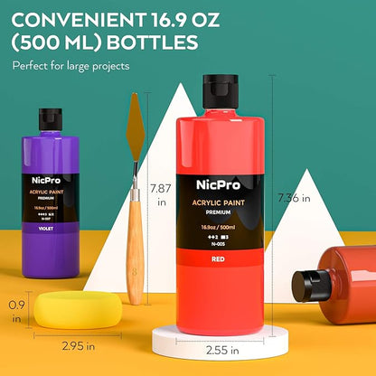 Nicpro 14 Colors Large Bulk Acrylic Paint Set (16.9 oz,500 ml) Rich Art Painting Supplies, Non Toxic for Multi Surface Pumpkin Canvas Wood Ceramic Leather Fabric Craft, for Kids Adult with Color Wheel