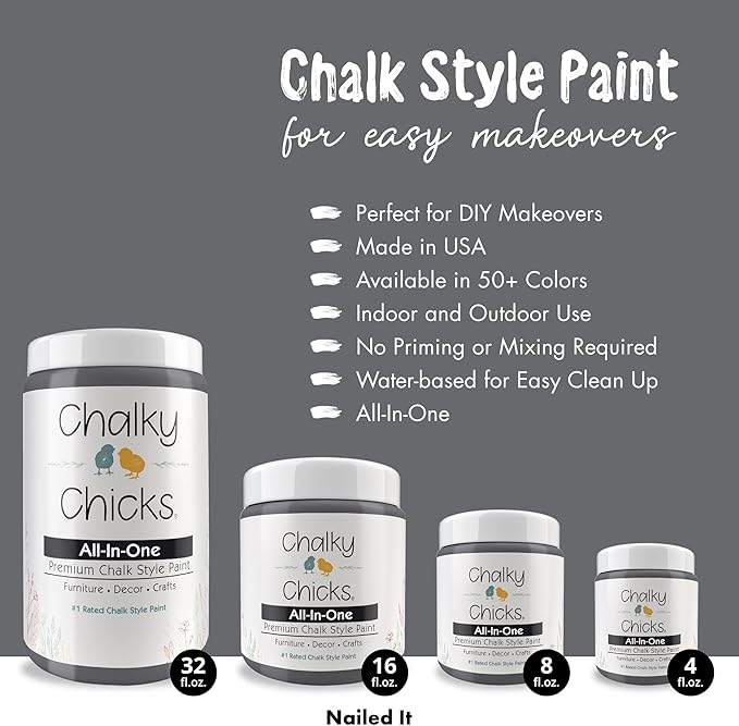 Chalky Chicks All-in-One Chalk Paint for Furniture or Cabinet - 4Fl Oz - Matte Finish Nailed It (Blueish Gray) for Metal, Wood Furniture Paint - No Sanding All-in-One for Home Decor & Crafts, USA Made