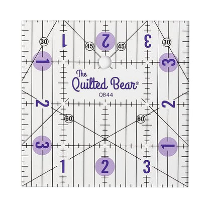 The Quilted Bear Quilting Rulers - Transparent Acrylic Non Slip Quilting, Patchwork & Sewing Ruler with Clear Black Lines & 30, 45 & 60 Degree Angles for Perfect Accuracy & Precision (4" x 4")
