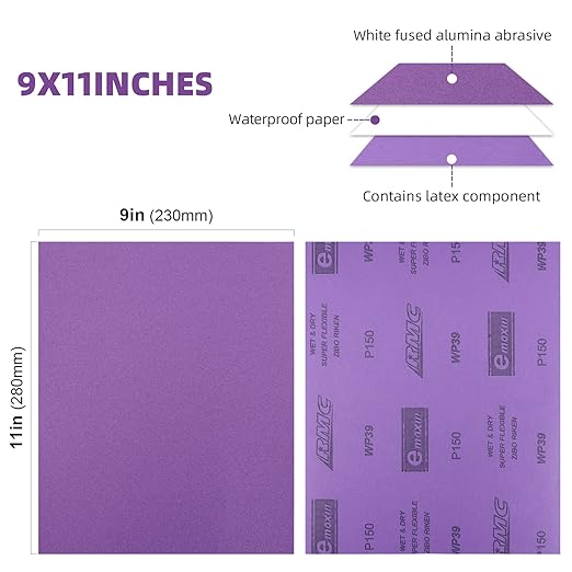 Sandpaper 150 Grit 20 PCS, Wet Dry Sanding Sheets 9 x 11 Inch, Purple Alumina Abrasive Sand Paper for Wood, Metal, Drywall, Resin, Automotive Sanding, Polishing, Grinding, by POLIWELL