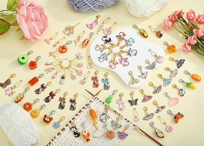 BEEFLYING 16Pcs Cowgirl Stitch Marker Charms for Crocheting and Knitting, 8 Styles Locking Pink Enemal Crochet Knit Stitch Marker Pendant with Leverback Clasp for Knitting Crocheting Accessories
